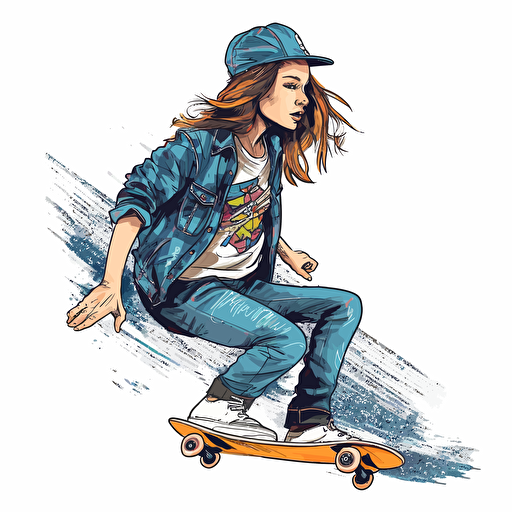 vector art style, 14 years young skater girl, Michael Park, white background, no splashes
