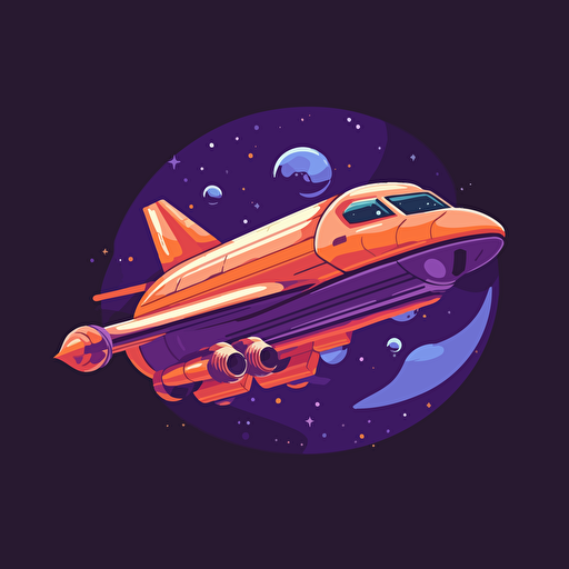 spaceship flying in air, 2D, vector, flat art, fedex purple and orange