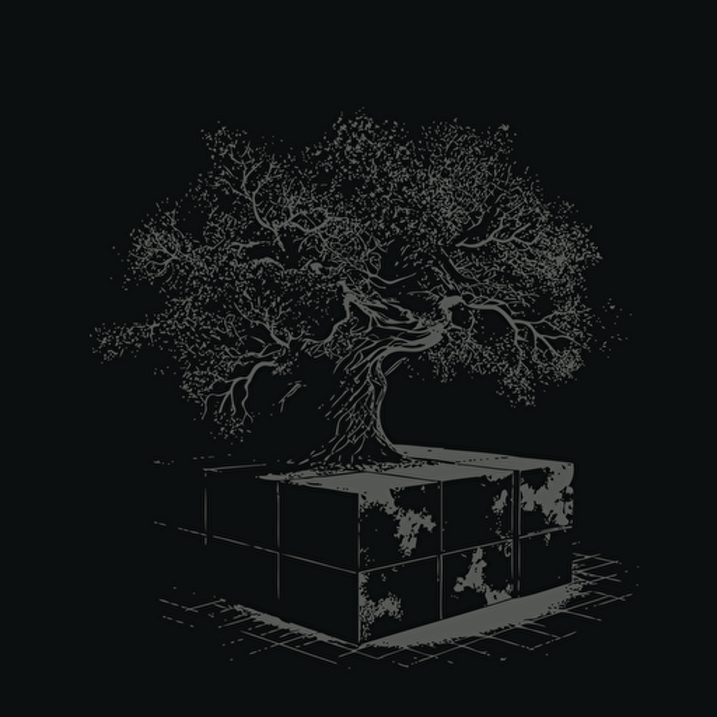 Black background contrasted by a vectorise style cube tree