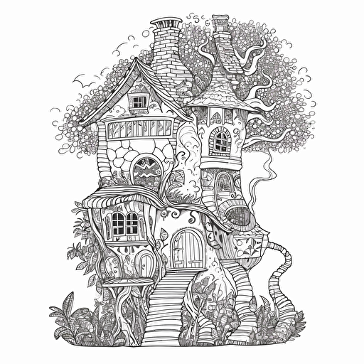 a tall whimsical medieval hobbit house, in a flat 2d vector style, black and white, no perspective, zentangle style, in the style of artist johanna basford