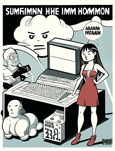 Ben Shahn, American art comic book style, an Asian young climate activist, a Asian feminist, a female human rights activist, and a female worker imagine a "hammer" and a "keyboard," together on a big stage, hammer and keyboard illust in a thought cloud, Non-letter illustration. white background, vector, illust