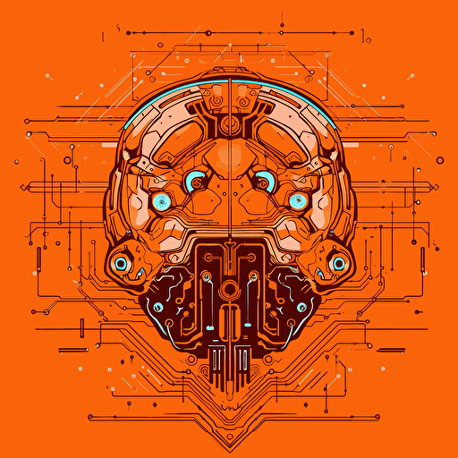 2D vector brain in minimalism cyberpunk style and in orange colors. Background white