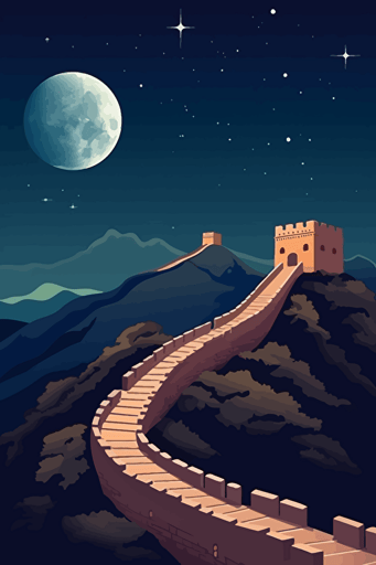great wall of china, illustration, painting, night lighting, moon in sky, flat,vector