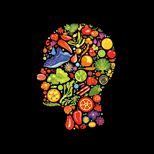 Retro iconic logo of a mind full of a variety of healthy meats, veggies, and carbs, white vector, on black backgroung