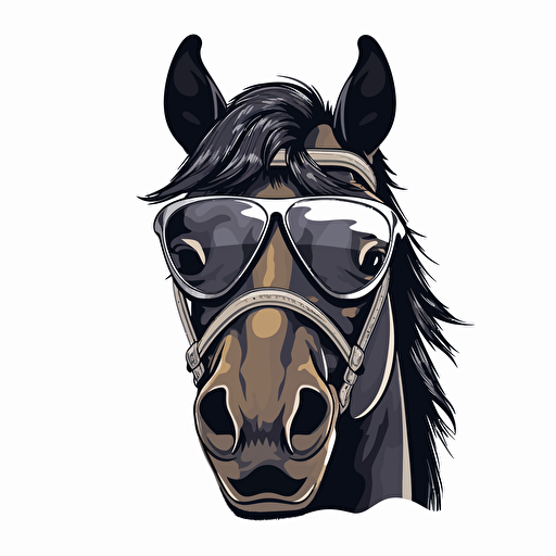 horse head looking straight into camera wearing very dark sunglasses and smiling with a happy attitude , higly detailed vector, white background