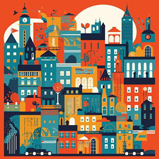 a city themed card back design that is non-directional in fun primary colours with a vector art style