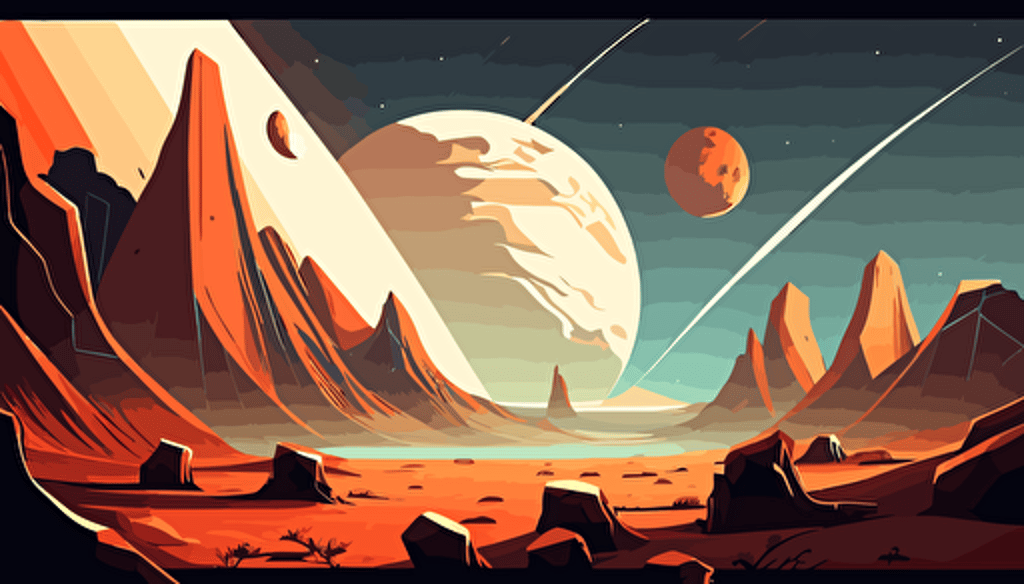 mars aliean planet landscape,mountians,wide angle,planets,anime style,comic,vector,