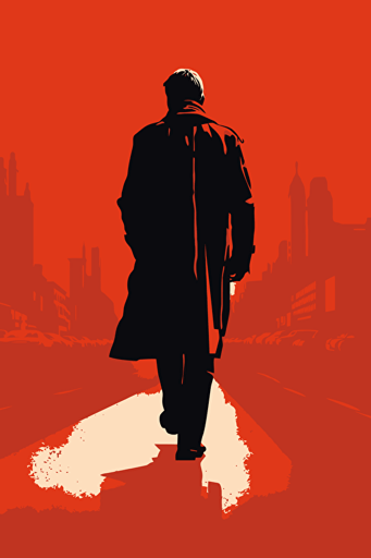 a man wearing a coat and walking on a red background, in the style of simplistic vector art, cityscape, film noir, poster art, realist detail, careful composition, stencil-based