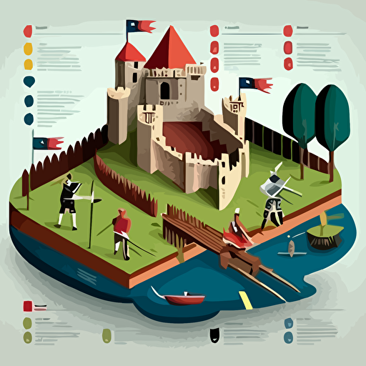 a presentation with a castle showing defense layers, vector art, illustration, moat, draw bridge, guards, archers