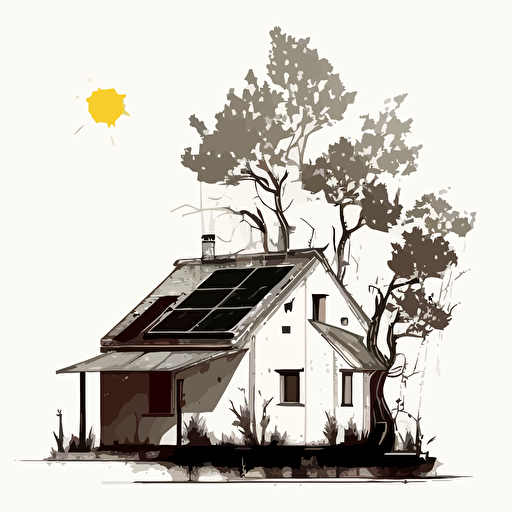 simple vector drawing, single color house with trees and photovoltaic panels on the roof, white background
