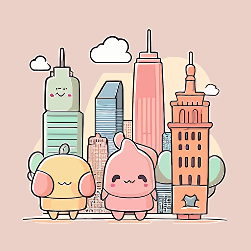 Cute NYC skyline vector drawing, cartoon style, flat, 2d, soft color tone, outline, by teeturtle, Trending on artstation