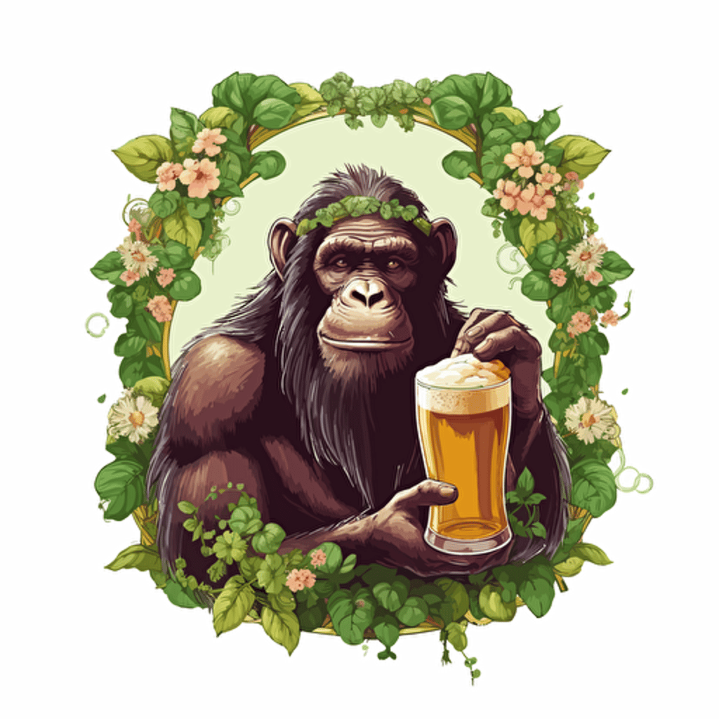 sign for a craft beer bar, darwin chimp side profile holding a beer, background decorated with green hop flowers, vectorial art,