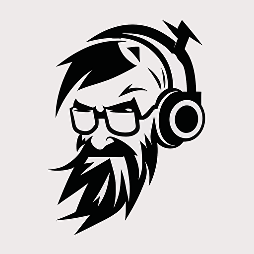 minimalistic pop art iconic logo of grinning wizard wearing headphones, black vector, on white background