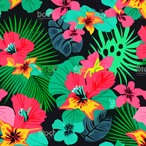 tropical flowers in a pattern, pop art, simple, high quality, vector