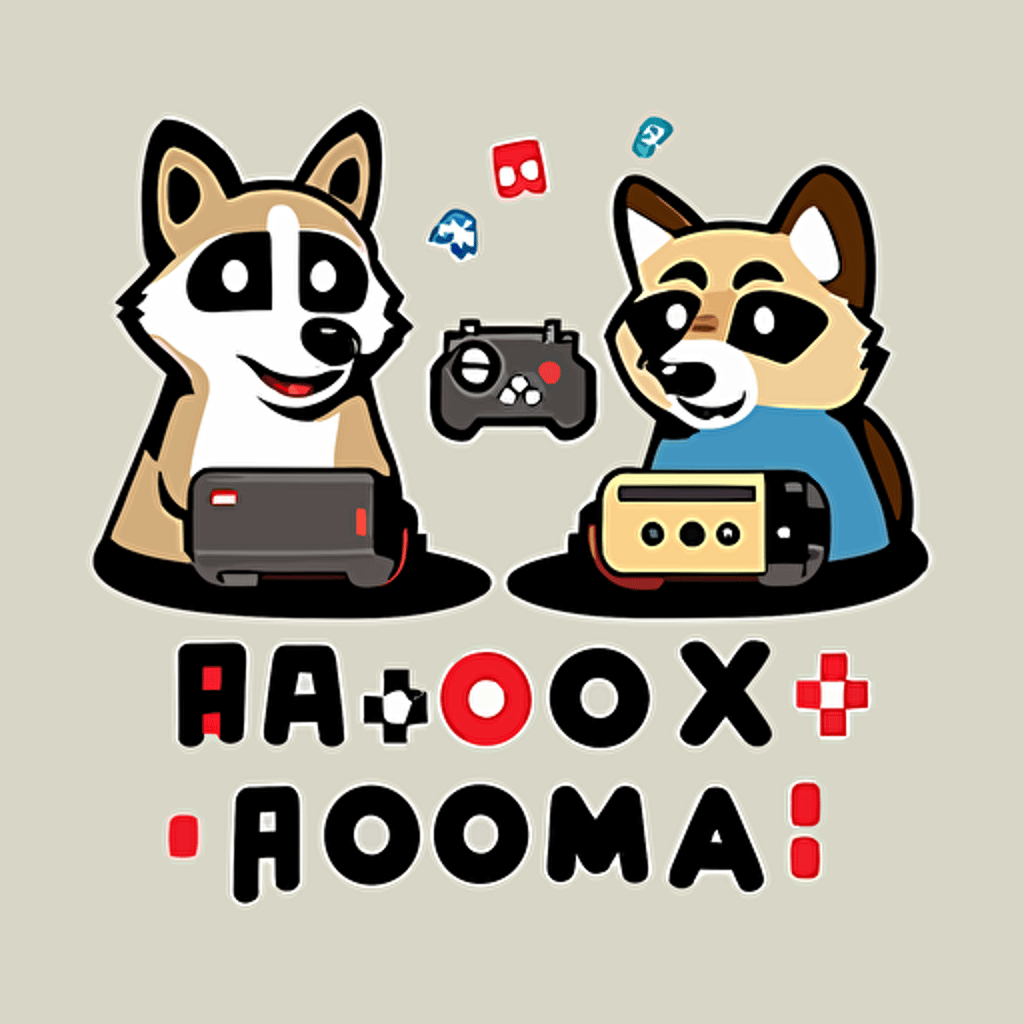 a raccoon and a dog playing videogames logo, simple, vector