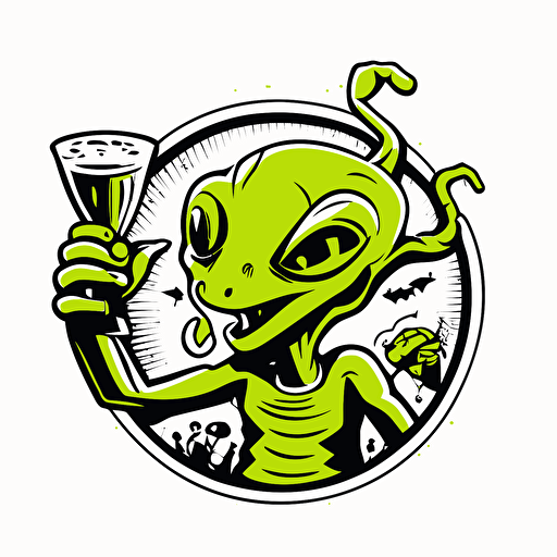 alien at a frat party, vector logo, vector art, emblem, simple cartoon, 2d, no text, white background