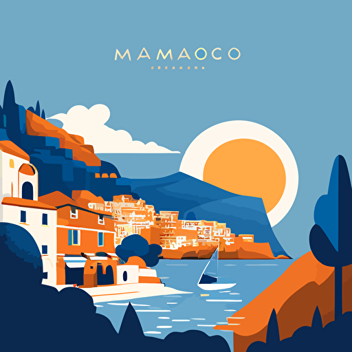 simple vector illustration of Monaco. Blue and orange colours only, simple, uncluttered, blue sky