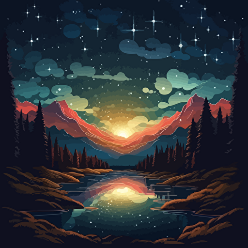 A stary night, light lofi music, and bornfire, vector based style, swiss poster style