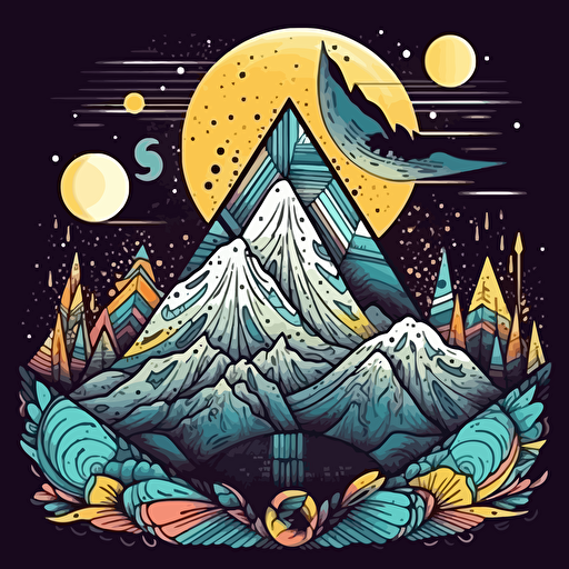 hand drawn mountain and moon triangular vector poster design elaborate bright colors, happy and full of life