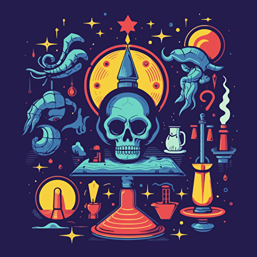 Sinister Science: Occult experiments and eerie inventions SVG, flat shading, solid background, mascot, logo, vector illustration, masterwork, 2D, simple, illustrator.