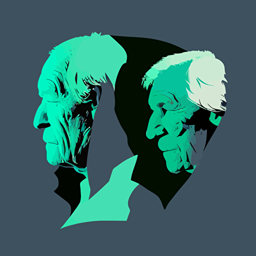 2 elder, Confrontational, Cool & Cocky, blue color, green background, simple design, vector style, white outline over silhouette