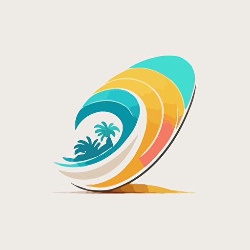 Logo, vector style, flat, white background, minimalist, wave combined with a surfskate board, beach colors, no text.