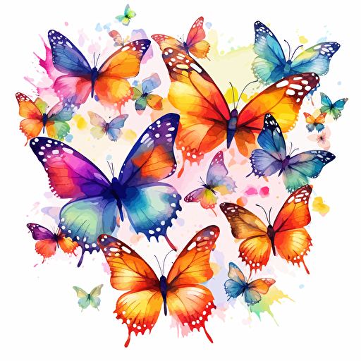 whimsical watercolor illustration of many multicolored butterflies, vector on white background