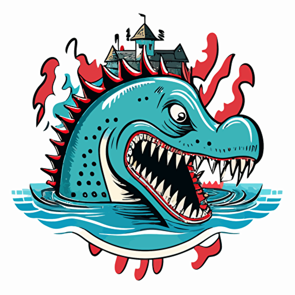 punk rock lochness monster at a water park, vector logo, vector art, emblem, simple cartoon, 2d, no text, white background