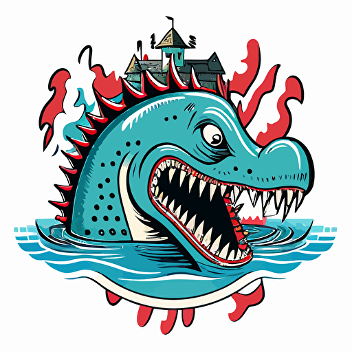 punk rock lochness monster at a water park, vector logo, vector art, emblem, simple cartoon, 2d, no text, white background