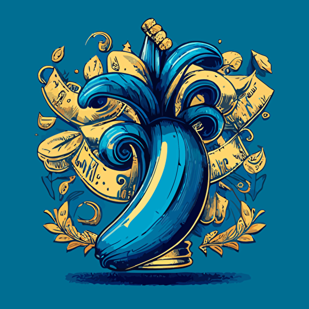 very detailed outline, vector illustration of a blue fruit banana in a blue color with a crown, the banana is very rich, there's money and gold everywhere.