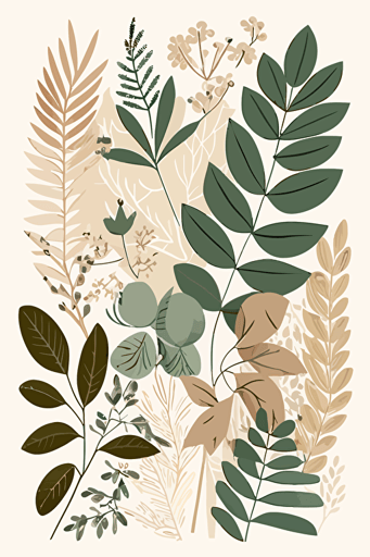 beige and green scandi style botanical illustration, vector