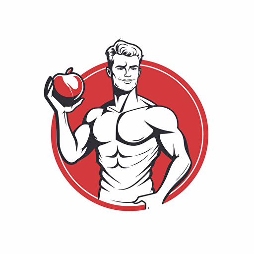 vector logo of a MAN HOLDING A DUMBBELL AND AN APPLE IN RED AND GRAY COLOR in modern style on a white background without text