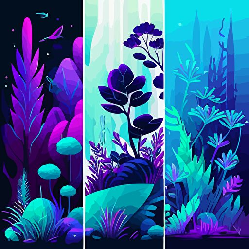 Vector illustrations, project design, plants and nature design with figures, use colors neon green, purple, light blue, white, black