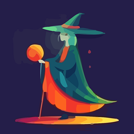 Character Design ,simple illustration ,witch,vector,in vivid colors,comic,