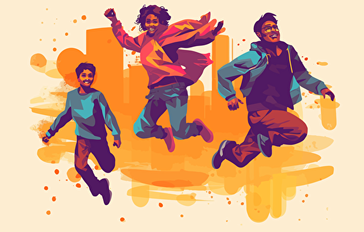 person illustration vector children, a girl, an adult and an older boy jumping, in the style of light indigo and maroon, princesscore, colorful animation stills, 1970–present, oversized objects, musical influences, subtle humor