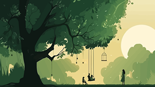 big beautiful green tree with a girl on the swing and parents standing looking, vector ilustration