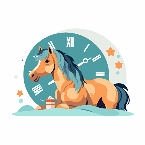 cute horse waiting and looking at clocks, simple vector flat illustration, transparent background
