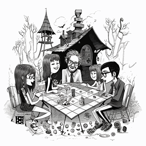 Cabin, "people playing board games": 2, logo: 3, black white drawing, vector, in style of tim burton