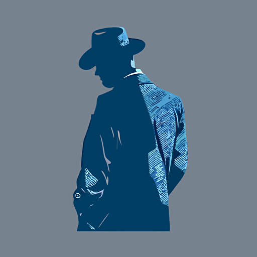 silhoette of professional man, sleeves rolled up, wearing hat, blue color, gray background, simple design, vector style, white outline over silhouette