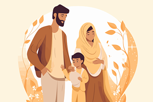 A low income family, flat style illustration for Eid in Pakistan, flat design vector, industrial, light and magical, high resolution, engineering/ construction and design, colored cartoon style, light indigo and light gold, cad( computer aided design)