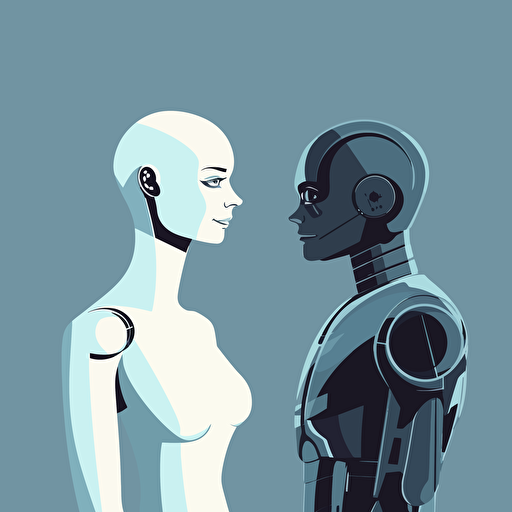 a minimalist vector illustration of a young man flirting with a female robot