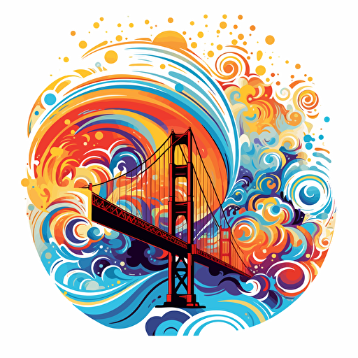 16 colors, colorful vector art, golden gate bridge and transamerica pyramid in a galaxy, swirl patterns, white background