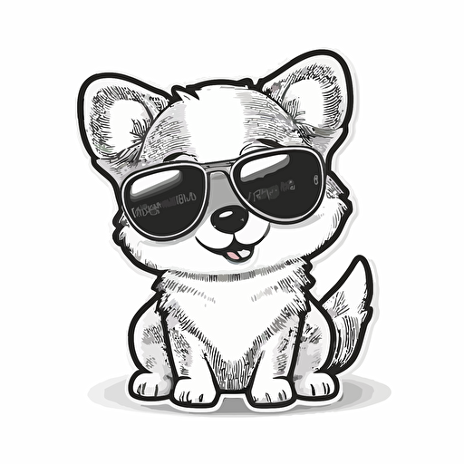 sticker kawaii cute happy dog wearing sunglasses, professional design vector, contour, white background