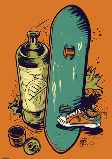 poster, a skateboard, A glass of cocktail , glide fast, drunk, cartoon, graffiti, vector, illustration
