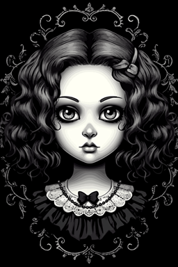 goth girl that looks like a creepy doll brought to life. Think black button eyes, porcelain skin, and a lace collar. The image should feel both eerie and adorable, digital illustration,vector design,logo design, diamond shaped frame