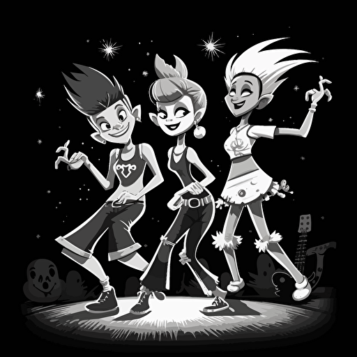 a punk vector cartoon illustration of 3 happy people dancing to folk music in the night. using white color. Black background.