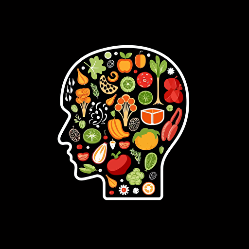 Retro iconic logo of a mind full of healthy food, white vector, on black backgroung