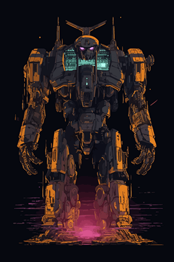 view from the ground looking up at a towering colossal 20 story giant gundam style mech anime mech, vector design, mostly symmetrical, round synthwave sun like a halo behind the robot, on a black background