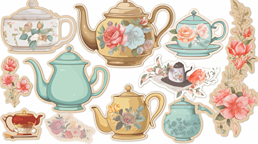 imagine sticker sheet of different types of antique tea pot, flowers, soft pastel color, antique style, white background, hd, vector