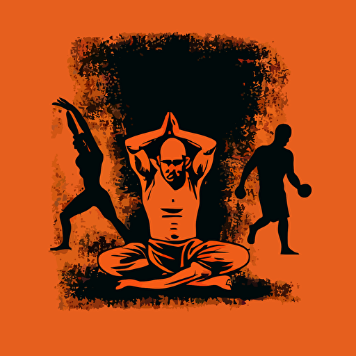 Vector image, single color: In the center of the image, there is a person lifting weights. Next to them, there is a person running. On the other side, there is a person practicing yoga, and a fourth person meditating